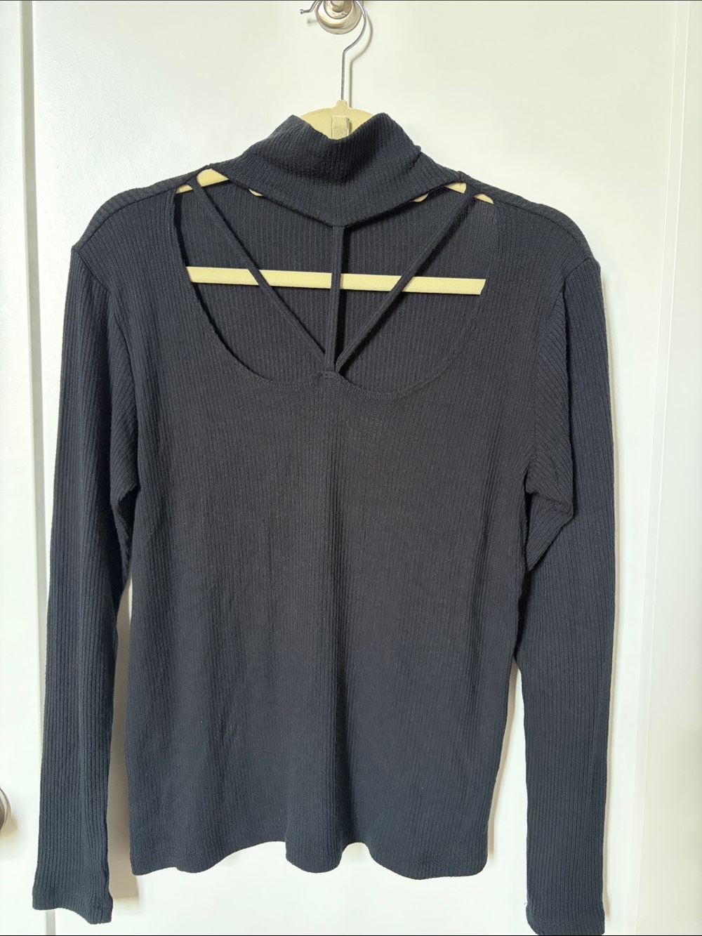 LNA Black Ribbed Long Sleeve Mock Neck Top with Back Cutout Straps